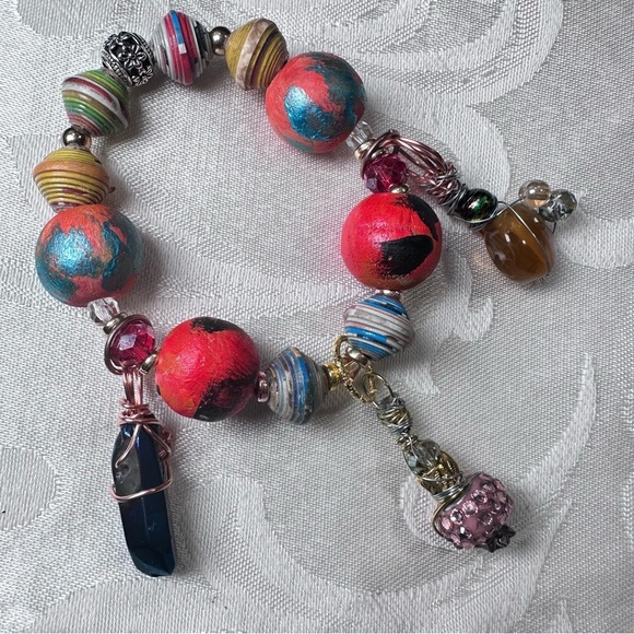 Handmade Charm Bracelet with Hand-Painted Beads & Wire-Wrapped Accents 6-7 3130 - Picture 8 of 13
